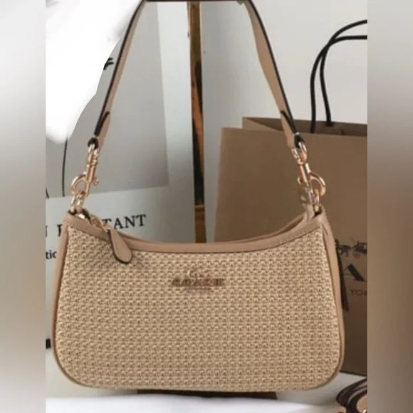 COACH Teri 2way Shoulder Bag Crossbody Straw/Leather Latte Style CR350 - Picture 1 of 7
